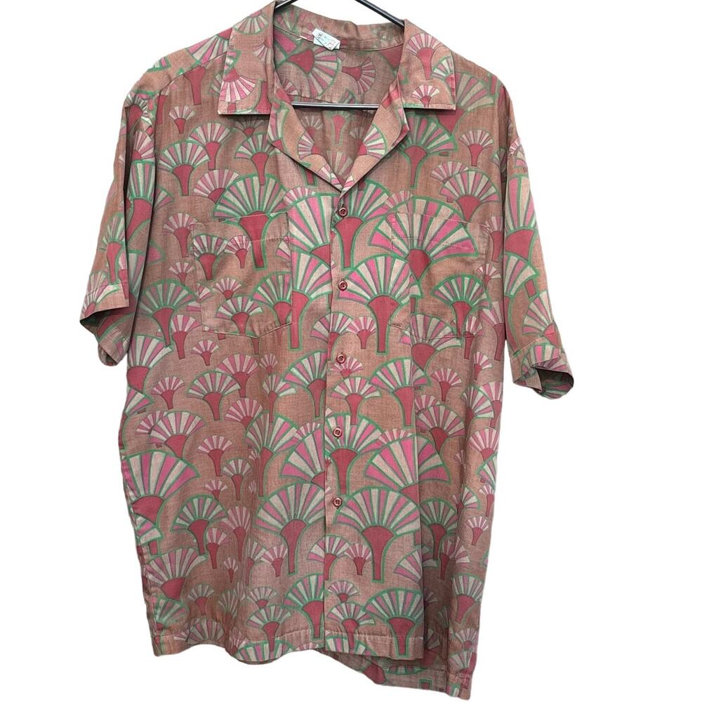 Vintage 1970s Raji's Fashion Thailand fan pattern brown button up shirt Size XL